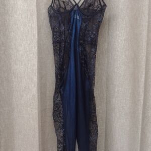 Navy Lace-Panel Satin Slip Chemise - Women's Intimates